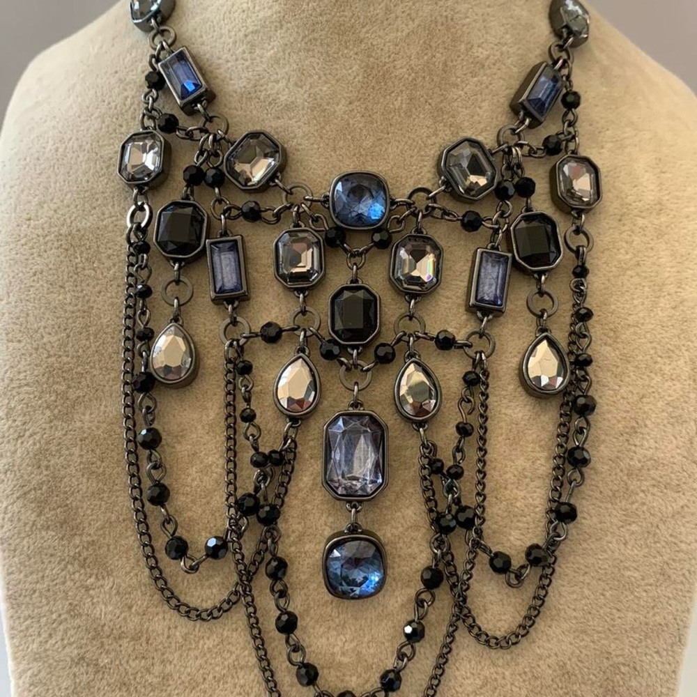 White House Black Market Blue and Silver Multi Strand Crystal Bib Necklace - Picture 7 of 8